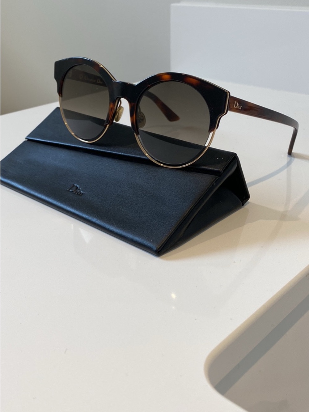 Dior Tortoiseshell Round Sunglasses with Gold Trim - Brown Lenses